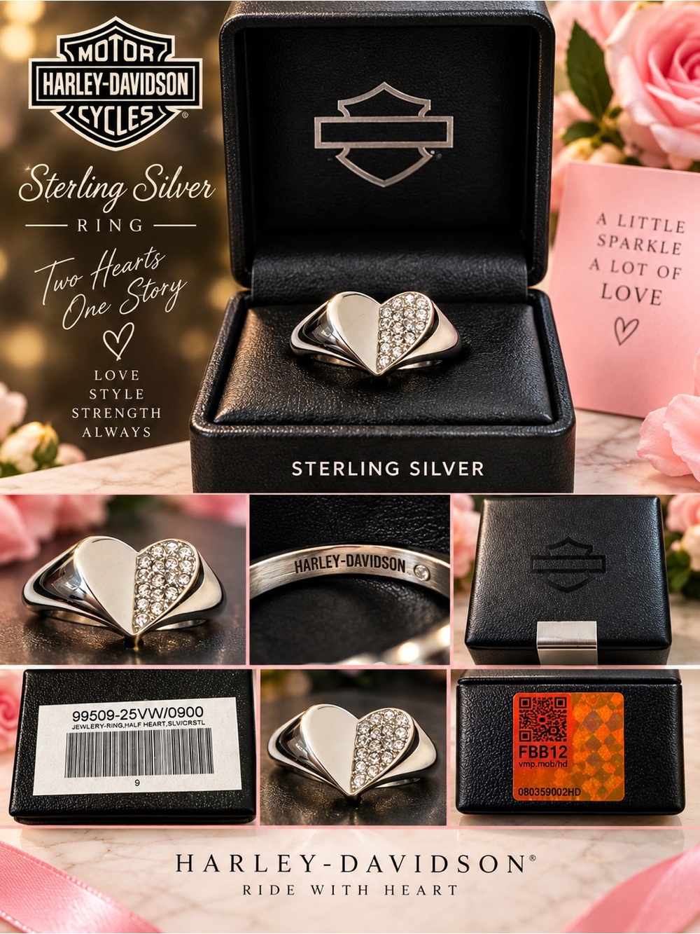 Harley‑Davidson Sterling Silver Two‑Heart Ring with Clear Crystals